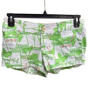 Lilly Pulitzer Womens 4 Walsh Short Green Julep Cocktail Print Seersucker Cotton
